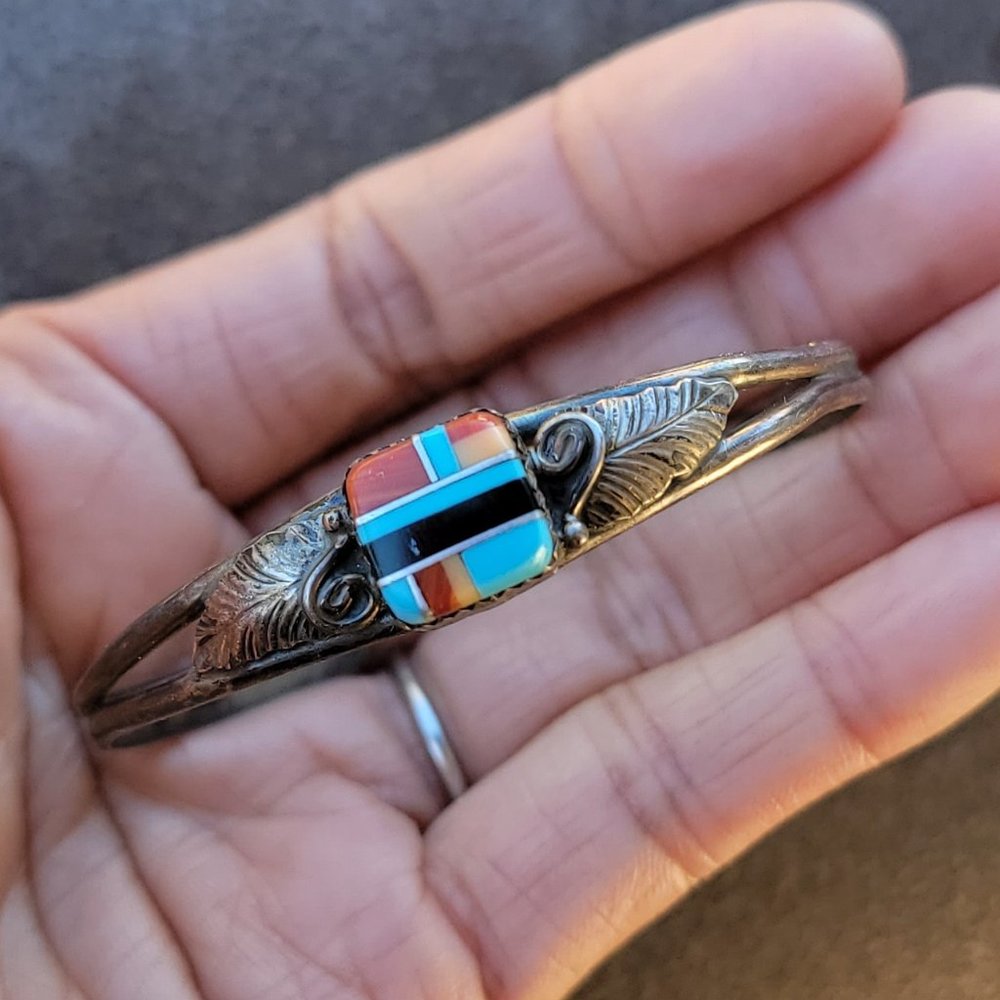 Native American 925 sterling silver square inlay squash blossom vintage bracelet - Picture 14 of 15